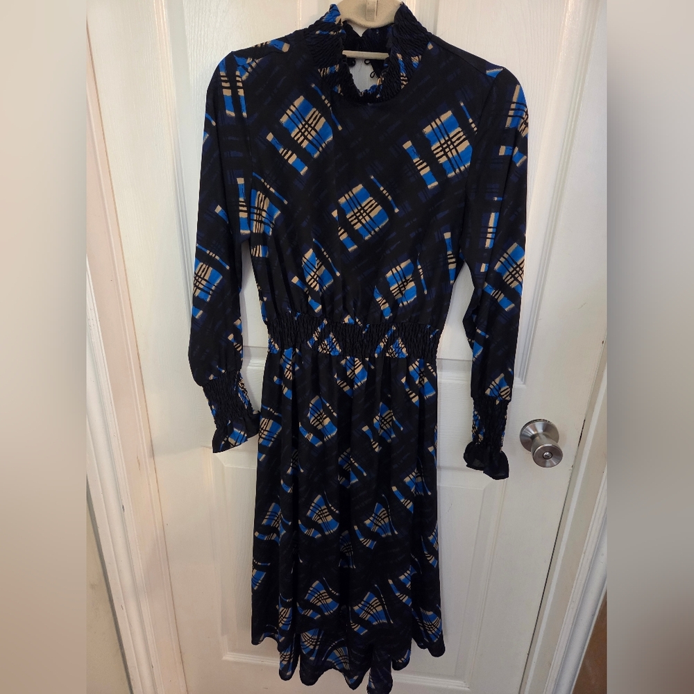 Nanette Lepore High Neck Smocked Scrunch Marina Patchwork Plaid Midi - Picture 2 of 10